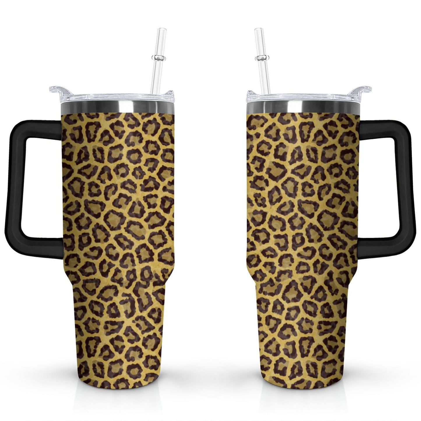40oz Fashion Leopard Pattern Stainless Steel Flip Straw Tumbler Spill Proof Travel Cup Double Wall Vacuum Insulated Coffee Mug with Top Handle