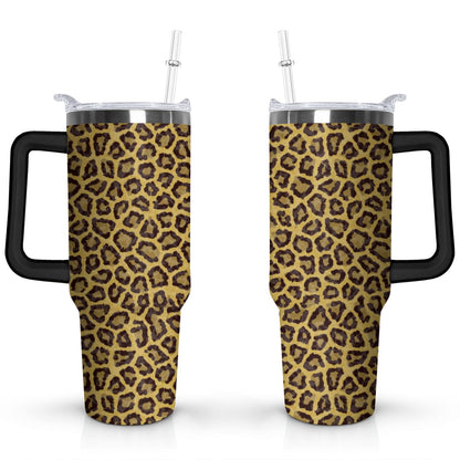 40oz Fashion Leopard Pattern Stainless Steel Flip Straw Tumbler Spill Proof Travel Cup Double Wall Vacuum Insulated Coffee Mug with Top Handle