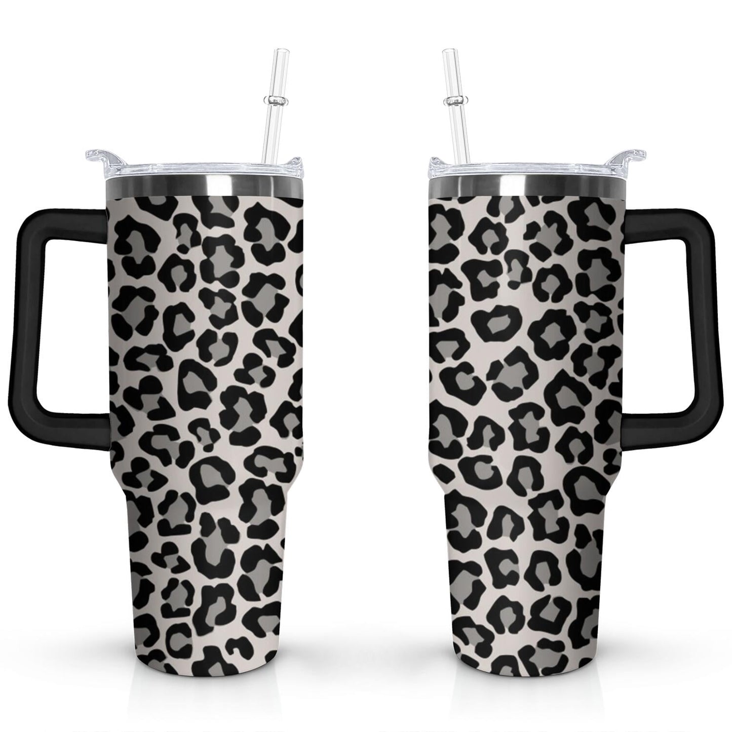 40oz Fashion Leopard Pattern Stainless Steel Flip Straw Tumbler Spill Proof Travel Cup Double Wall Vacuum Insulated Coffee Mug with Top Handle