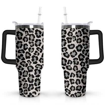 40oz Fashion Leopard Pattern Stainless Steel Flip Straw Tumbler Spill Proof Travel Cup Double Wall Vacuum Insulated Coffee Mug with Top Handle