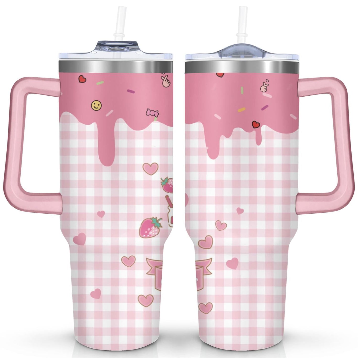 40oz Hello Kawaii Cat Cute Stainless Steel Tumbler with Lid and Straw,Spill Proof Travel Cup Double Wall Vacuum Insulated Coffee Mug with Handle Pink