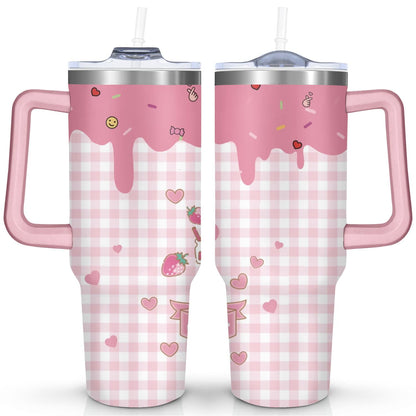 40oz Hello Kawaii Cat Cute Stainless Steel Tumbler with Lid and Straw,Spill Proof Travel Cup Double Wall Vacuum Insulated Coffee Mug with Handle Pink