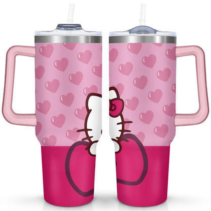 40oz Hello Kawaii Cat Cute Stainless Steel Tumbler with Lid and Straw,Spill Proof Travel Cup Double Wall Vacuum Insulated Coffee Mug with Handle Pink