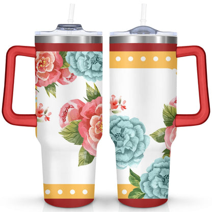 40oz Pioneer Colorful Floral Stainless Steel Flip Straw Tumbler with Lid and Straw Spill Proof Travel Cup Double Wall Vacuum Insulated Coffee Mug with Handle Red