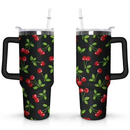 40oz Red Cherry Fruit Pattern Stainless Steel Flip Straw Tumbler Spill Proof Travel Cup Double Wall Vacuum Insulated Coffee Mug with Top Handle