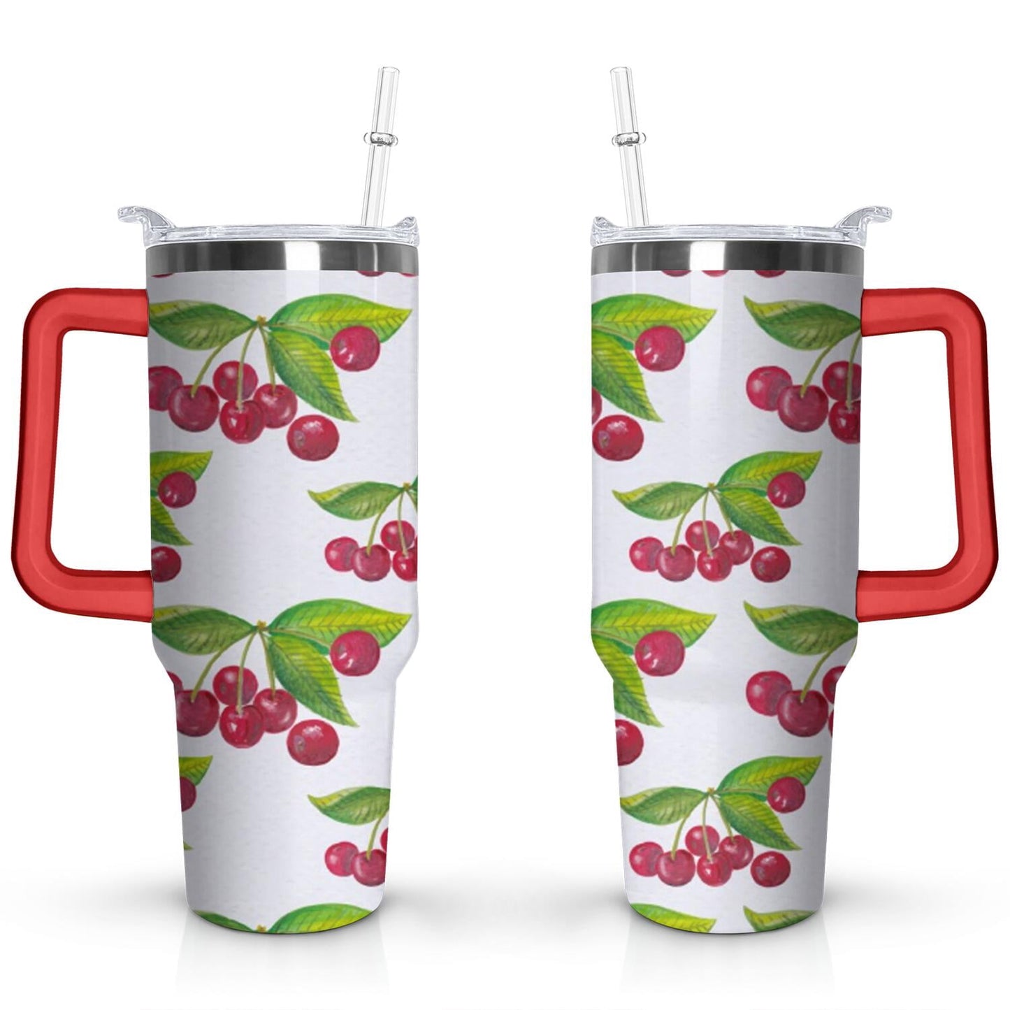 40oz Red Cherry Fruit Pattern Stainless Steel Flip Straw Tumbler Spill Proof Travel Cup Double Wall Vacuum Insulated Coffee Mug with Top Handle