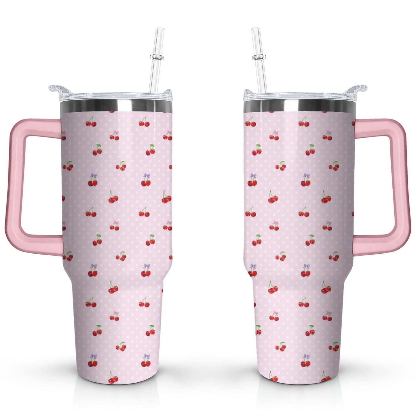 40oz Red Cherry Fruit Pattern Stainless Steel Flip Straw Tumbler Spill Proof Travel Cup Double Wall Vacuum Insulated Coffee Mug with Top Handle