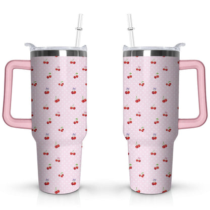 40oz Red Cherry Fruit Pattern Stainless Steel Flip Straw Tumbler Spill Proof Travel Cup Double Wall Vacuum Insulated Coffee Mug with Top Handle