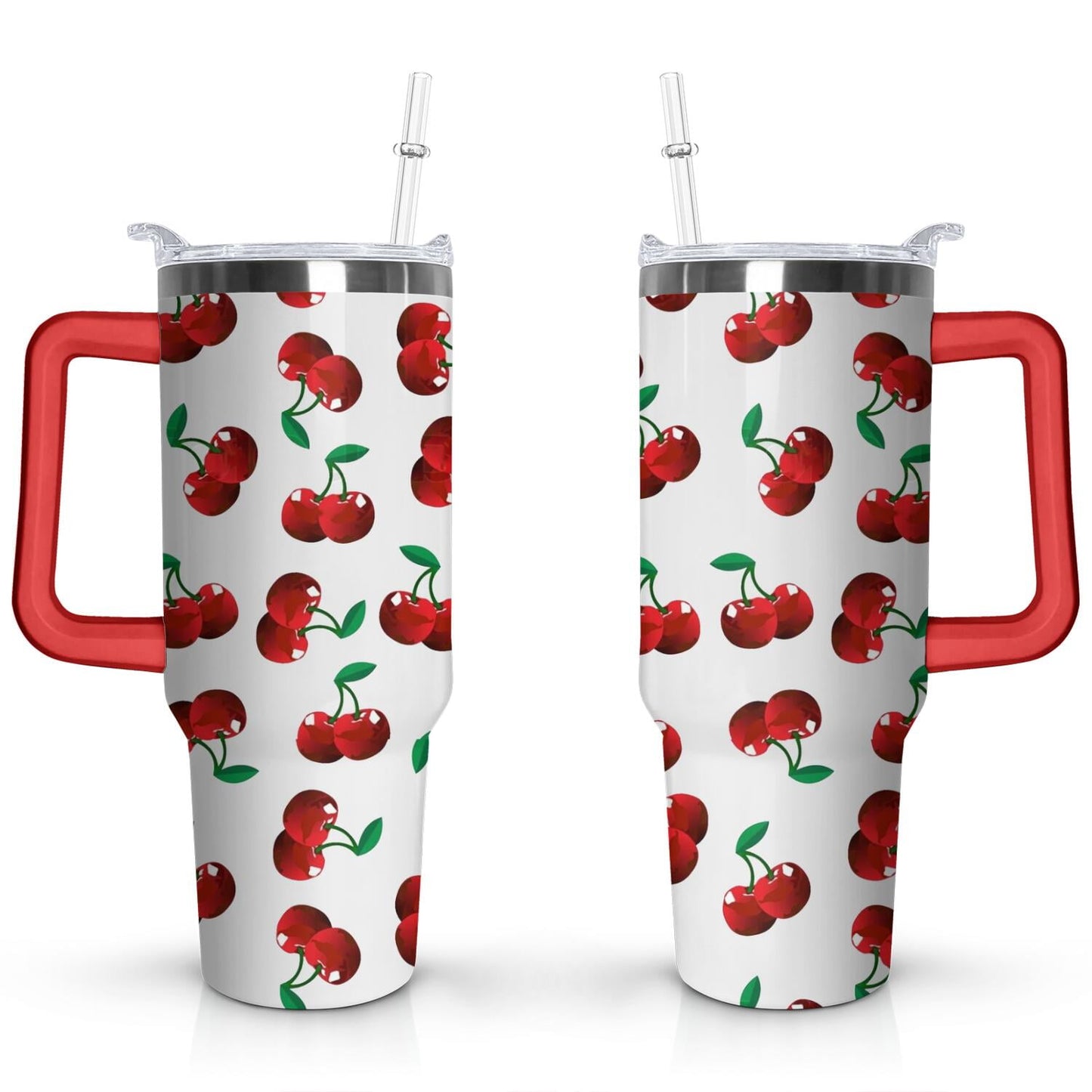 40oz Red Cherry Fruit Pattern Stainless Steel Flip Straw Tumbler Spill Proof Travel Cup Double Wall Vacuum Insulated Coffee Mug with Top Handle