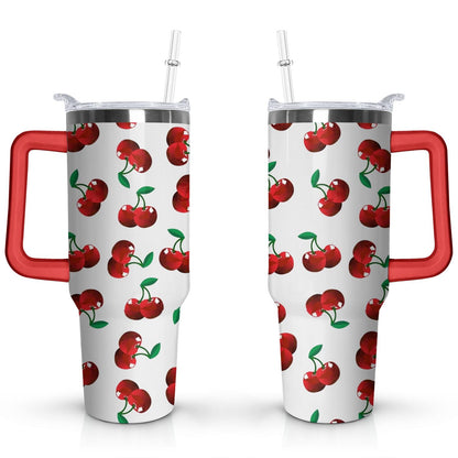 40oz Red Cherry Fruit Pattern Stainless Steel Flip Straw Tumbler Spill Proof Travel Cup Double Wall Vacuum Insulated Coffee Mug with Top Handle
