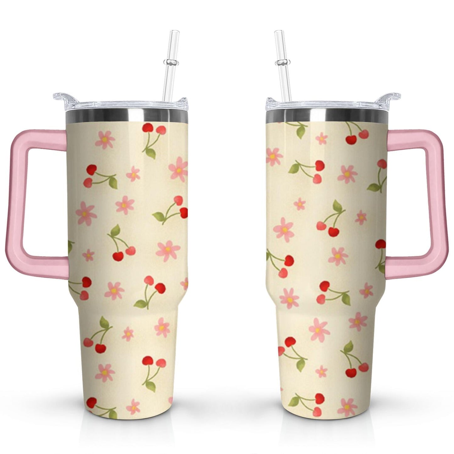 40oz Red Cherry Fruit Pattern Stainless Steel Flip Straw Tumbler Spill Proof Travel Cup Double Wall Vacuum Insulated Coffee Mug with Top Handle