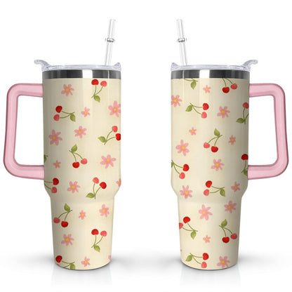 40oz Red Cherry Fruit Pattern Stainless Steel Flip Straw Tumbler Spill Proof Travel Cup Double Wall Vacuum Insulated Coffee Mug with Top Handle