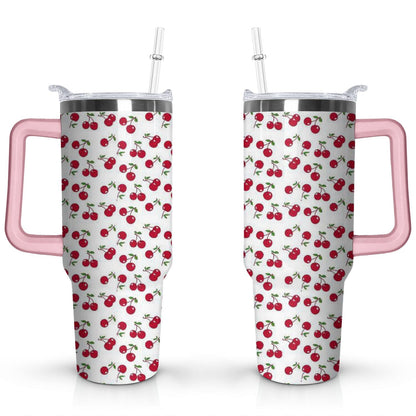 40oz Red Cherry Fruit Pattern Stainless Steel Flip Straw Tumbler Spill Proof Travel Cup Double Wall Vacuum Insulated Coffee Mug with Top Handle