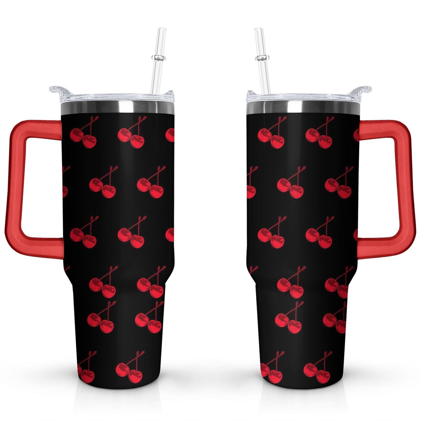 40oz Red Cherry Fruit Pattern Stainless Steel Flip Straw Tumbler Spill Proof Travel Cup Double Wall Vacuum Insulated Coffee Mug with Top Handle