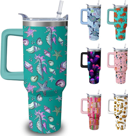 40oz Cute Highland Cow Tumbler with Handle and Straw, Animal Lovers Gifts for Women, Cattle Stainless Steel Travel Mug Water Bottle, Vacuum Insulated Cup with Lid