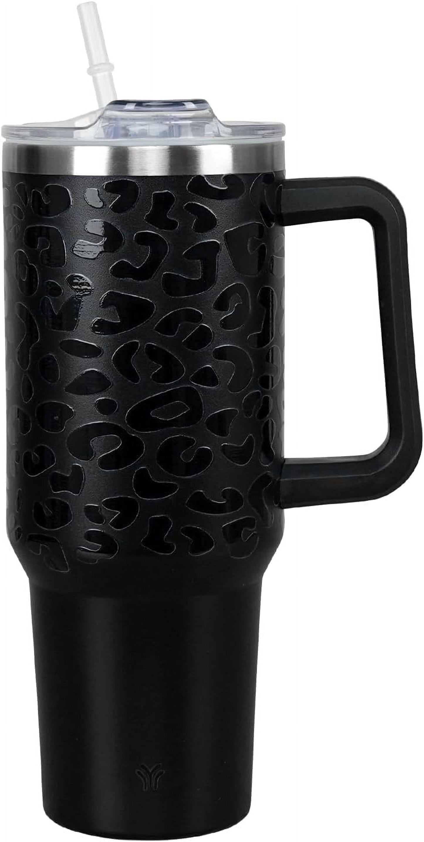 40oz Tumbler with Handle and Straw Lid | Vacuum Insulated Leak Proof Tumbler | Stainless Steel Travel Mug Water Bottle Cup Keeps Cold & Hot | Cream Leopard