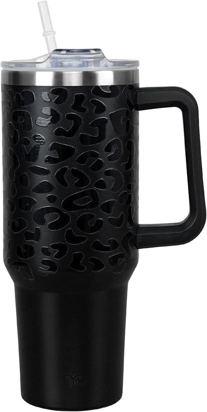 40oz Tumbler with Handle and Straw Lid | Vacuum Insulated Leak Proof Tumbler | Stainless Steel Travel Mug Water Bottle Cup Keeps Cold & Hot | Cream Leopard