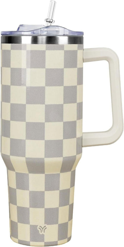 40oz Tumbler with Handle and Straw Lid | Vacuum Insulated Leak Proof Tumbler | Stainless Steel Travel Mug Water Bottle Cup Keeps Cold & Hot | Cream Leopard