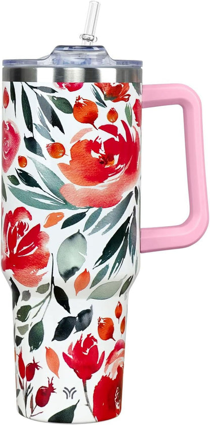 40oz Tumbler with Handle and Straw Lid | Vacuum Insulated Leak Proof Tumbler | Stainless Steel Travel Mug Water Bottle Cup Keeps Cold & Hot | Terrazzo