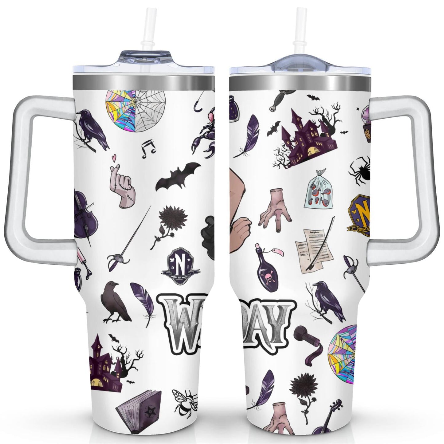 40oz Wednesday Girl Stainless Steel Tumbler with Lid and Straw,Wednesday Stuff Merchandise Spill Proof Travel Cup Double Wall Vacuum Insulated Coffee Mug with Handle Black