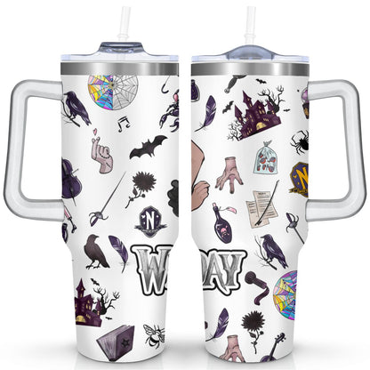 40oz Wednesday Girl Stainless Steel Tumbler with Lid and Straw,Wednesday Stuff Merchandise Spill Proof Travel Cup Double Wall Vacuum Insulated Coffee Mug with Handle Black