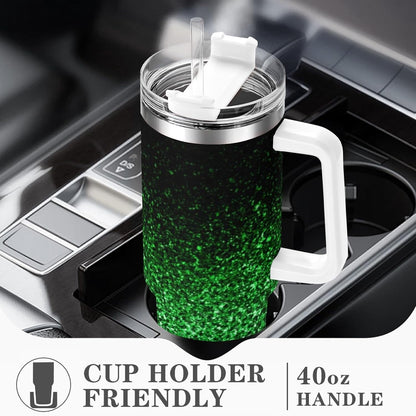 Ombre Leopard Glitter 40 oz Insulated Double Wall Stainless Steel Tumbler with Handle and Straw, Lid, Large Travel Mug Fits in Cup Holder, Cup Gift for Women(Green)