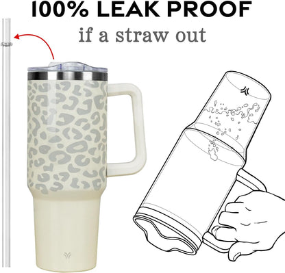 40oz Tumbler with Handle and Straw Lid | Vacuum Insulated Leak Proof Tumbler | Stainless Steel Travel Mug Water Bottle Cup Keeps Cold & Hot | Cream Leopard