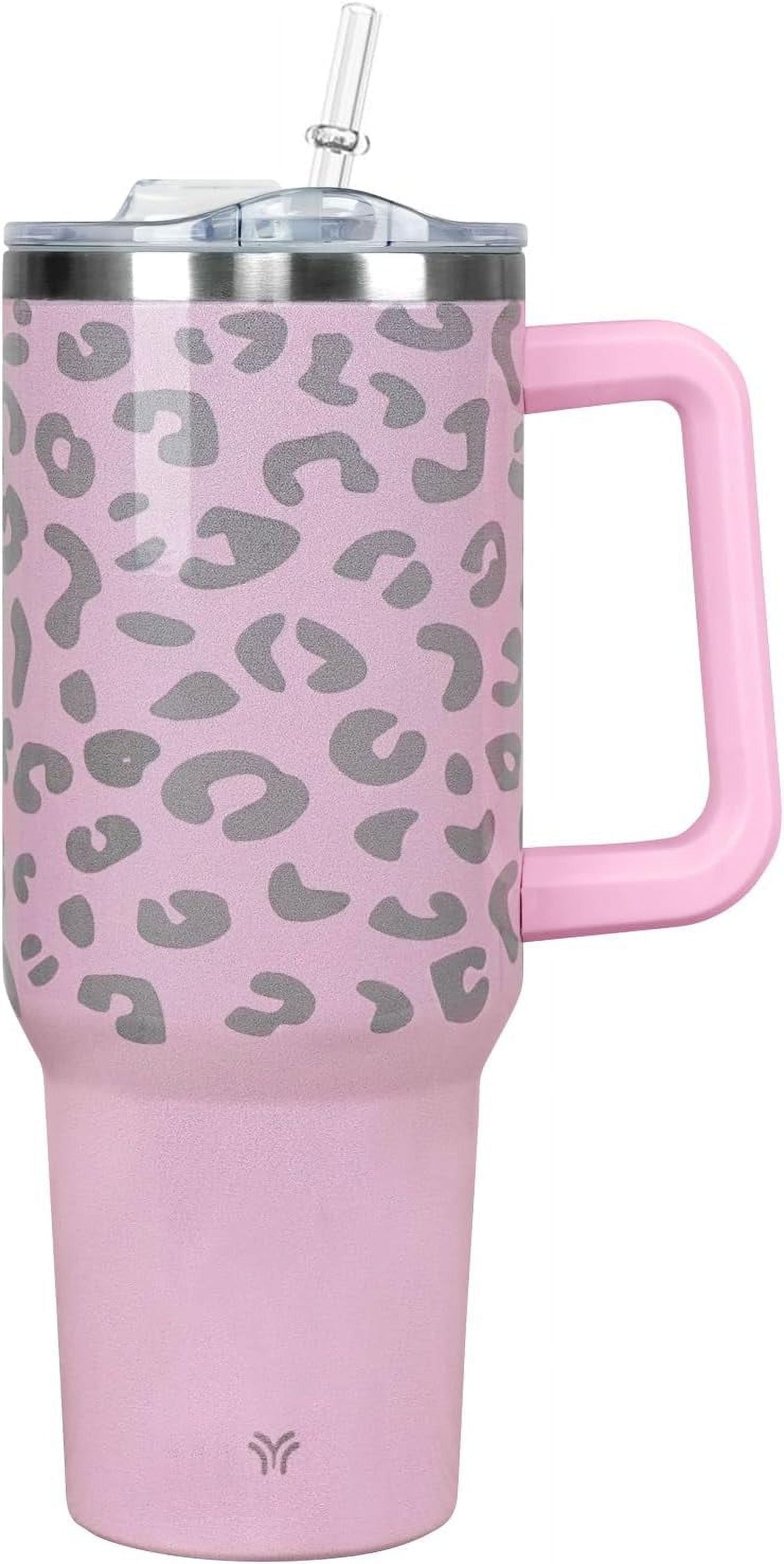 40oz Tumbler with Handle and Straw Lid | Vacuum Insulated Leak Proof Tumbler | Stainless Steel Travel Mug Water Bottle Cup Keeps Cold & Hot | Cream Leopard