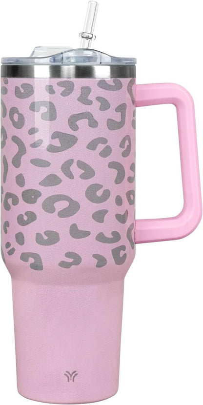 40oz Tumbler with Handle and Straw Lid | Vacuum Insulated Leak Proof Tumbler | Stainless Steel Travel Mug Water Bottle Cup Keeps Cold & Hot | Cream Leopard