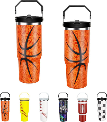 Football Lover Gift 30 oz Flip Straw Tumbler with Top Handle Football Pattern BPA-Free Leak Proof Stainless Steel Insulated Vacuum Flip Top Water Bottle for Sporting Working