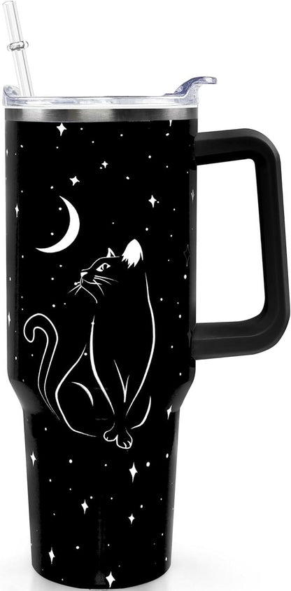 40oz Goth Gothic Tumbler with Handle and Straw, Stainless Steel Vacuum Insulated Flip Straw Butterfly Moon Tumbler, Spill Proof Travel Mug, Witch Decor Gifts for Women