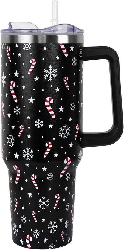 Christmas Tumbler with Handle and Straw Lid 40 oz,Cute Christmas Gifts for Women Gingerbread Candy Cane Vacuum Insulated Leak Proof Tumbler,Winter Holiday Accessories Stainless Steel Coffee Cup Mug