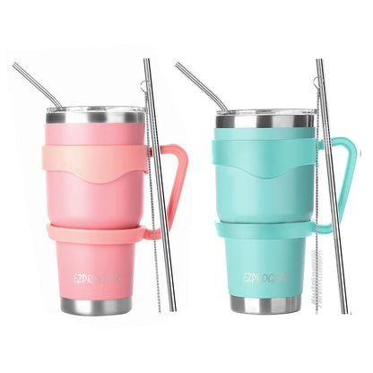 Ezprogear 30 oz 2 Pack Stainless Steel Tumbler Double Wall Travel Cup Vacuum Insulated Coffee Mug with Handle & Straws (Mango & Mint)