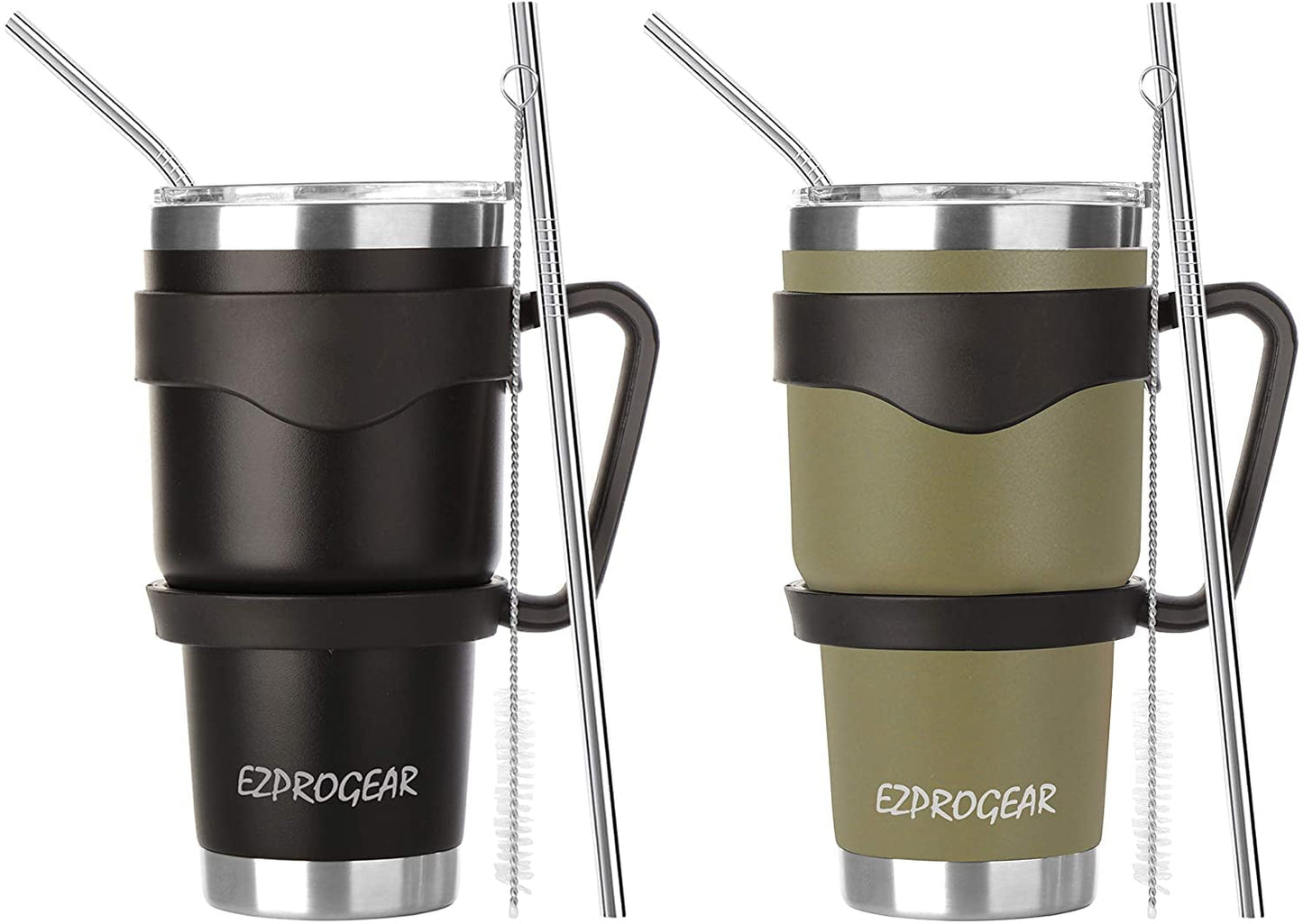 Ezprogear 30 oz 2 Pack Stainless Steel Tumbler Double Wall Travel Cup Vacuum Insulated Coffee Mug with Handle & Straws (Mango & Mint)