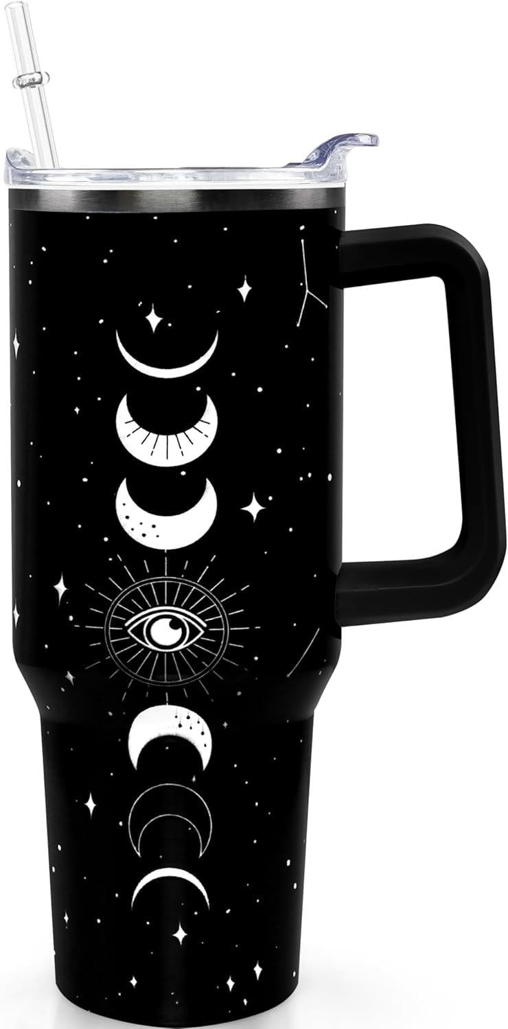 40oz Goth Gothic Tumbler with Handle and Straw, Stainless Steel Vacuum Insulated Flip Straw Butterfly Moon Tumbler, Spill Proof Travel Mug, Witch Decor Gifts for Women