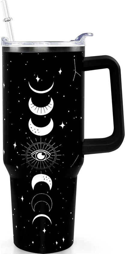 40oz Goth Gothic Tumbler with Handle and Straw, Stainless Steel Vacuum Insulated Flip Straw Butterfly Moon Tumbler, Spill Proof Travel Mug, Witch Decor Gifts for Women