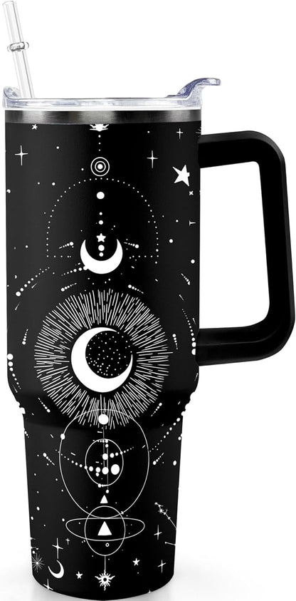 40oz Goth Gothic Tumbler with Handle and Straw, Stainless Steel Vacuum Insulated Flip Straw Butterfly Moon Tumbler, Spill Proof Travel Mug, Witch Decor Gifts for Women