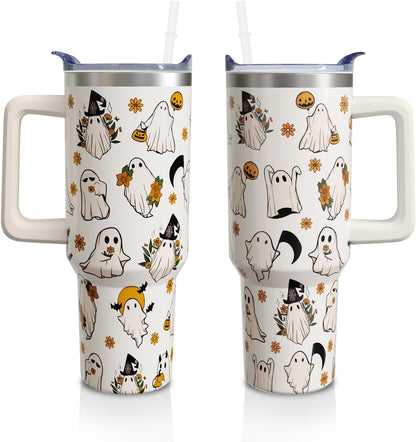 40 Oz Tumbler with Handle and Straw, Cute Stainless Steel Double Walled Vacuum Insulated Cup, Holiday Gifts for Women Girls