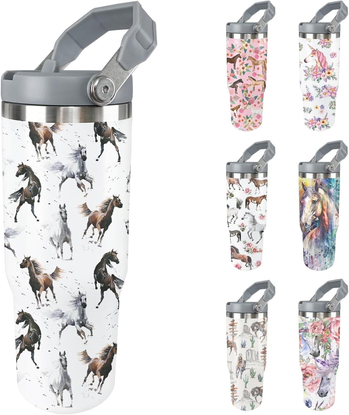 Horse Tumbler with Lid and Straw Stainless Steel Tumblers 30 Oz Insulated Horse Water Bottle Tie Dye Cup Mug with Handle Horse Gifts for Women Men Gift for Horse Lovers