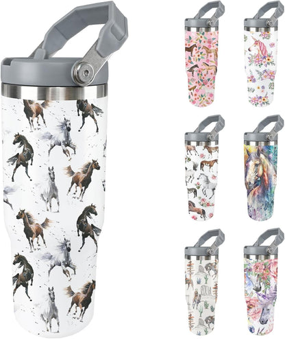 Horse Tumbler with Lid and Straw Stainless Steel Tumblers 30 Oz Insulated Horse Water Bottle Tie Dye Cup Mug with Handle Horse Gifts for Women Men Gift for Horse Lovers