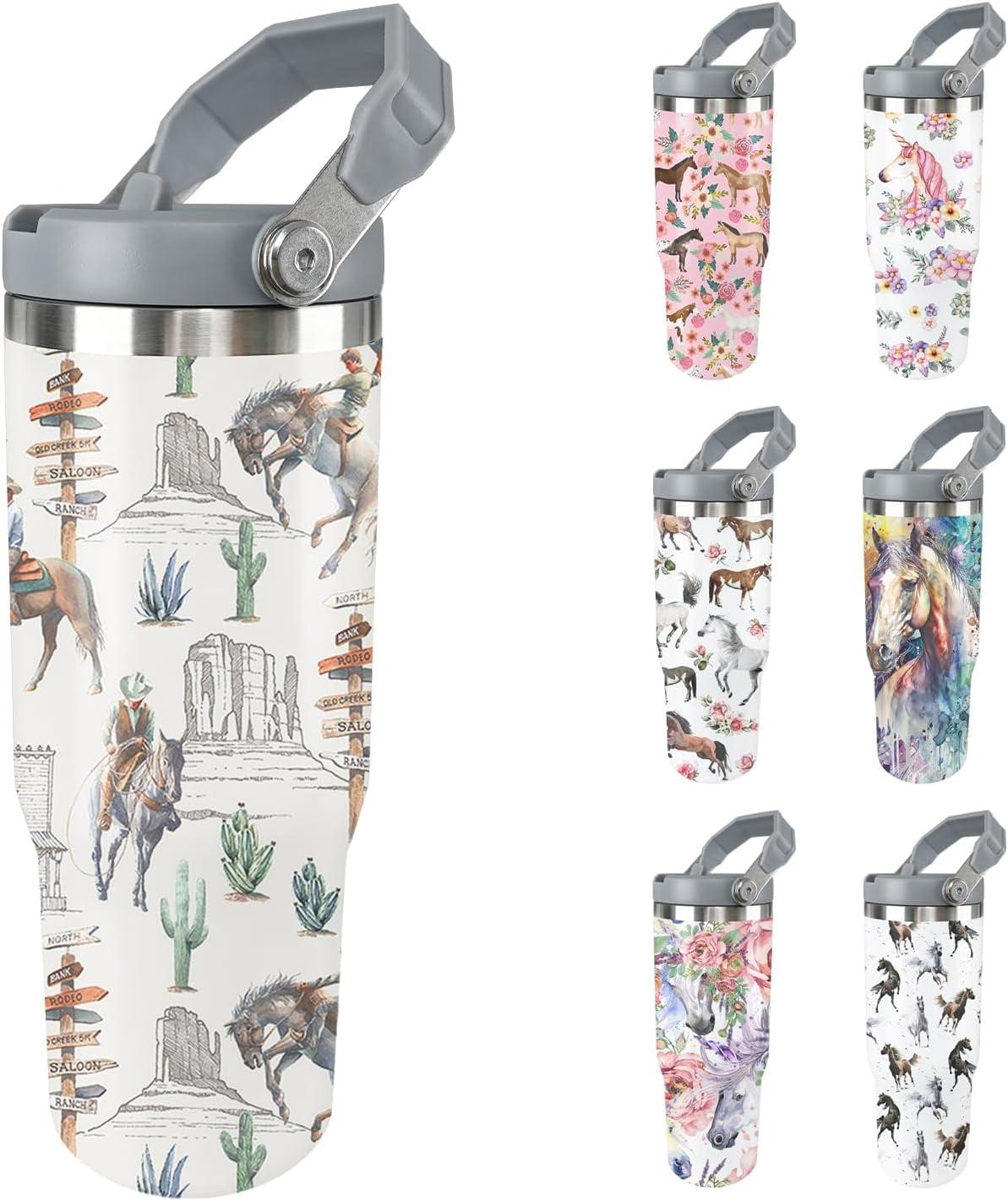 Horse Tumbler with Lid and Straw Stainless Steel Tumblers 30 Oz Insulated Horse Water Bottle Tie Dye Cup Mug with Handle Horse Gifts for Women Men Gift for Horse Lovers