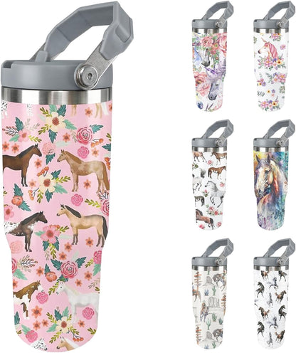 Horse Tumbler with Lid and Straw Stainless Steel Tumblers 30 Oz Insulated Horse Water Bottle Tie Dye Cup Mug with Handle Horse Gifts for Women Men Gift for Horse Lovers