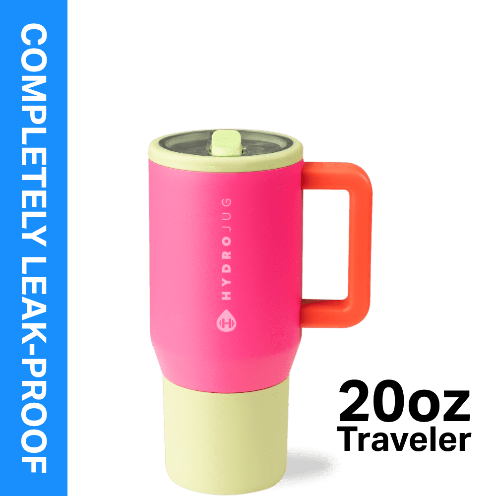 HydroJug Traveler 20 oz Water Bottle, Stainless Steel Insulated Tumbler with Flip Straw and Handle - Pink Sand