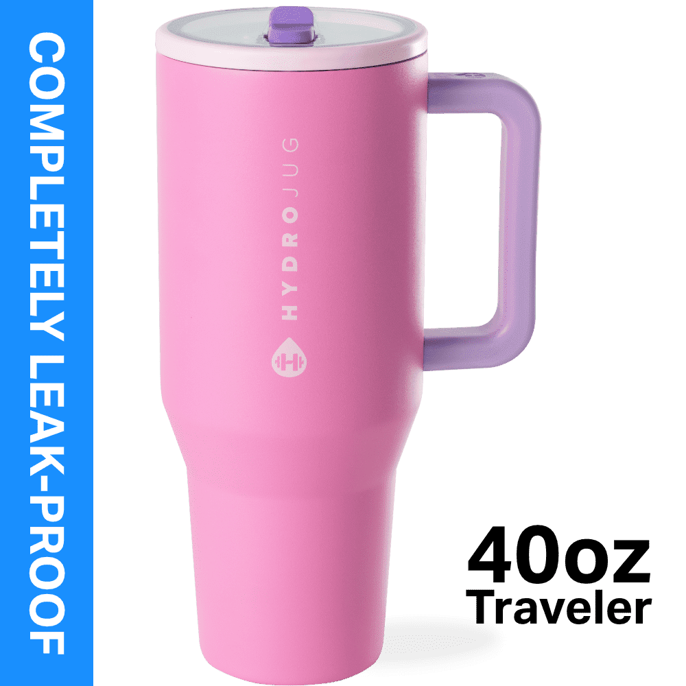 HydroJug Traveler 40 oz Water Bottle, Stainless Steel Insulated Tumbler with Flip Straw and Handle - Pink Sand