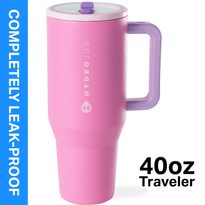 HydroJug Traveler 40 oz Water Bottle, Stainless Steel Insulated Tumbler with Flip Straw and Handle - Pink Sand