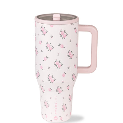 HydroJug Traveler 32 oz Water Bottle, Stainless Steel Insulated Tumbler with Flip Straw and Handle - Pink Sand
