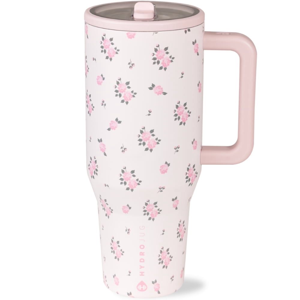 HydroJug Traveler 40 oz Water Bottle, Stainless Steel Insulated Tumbler with Flip Straw and Handle - Pink Sand