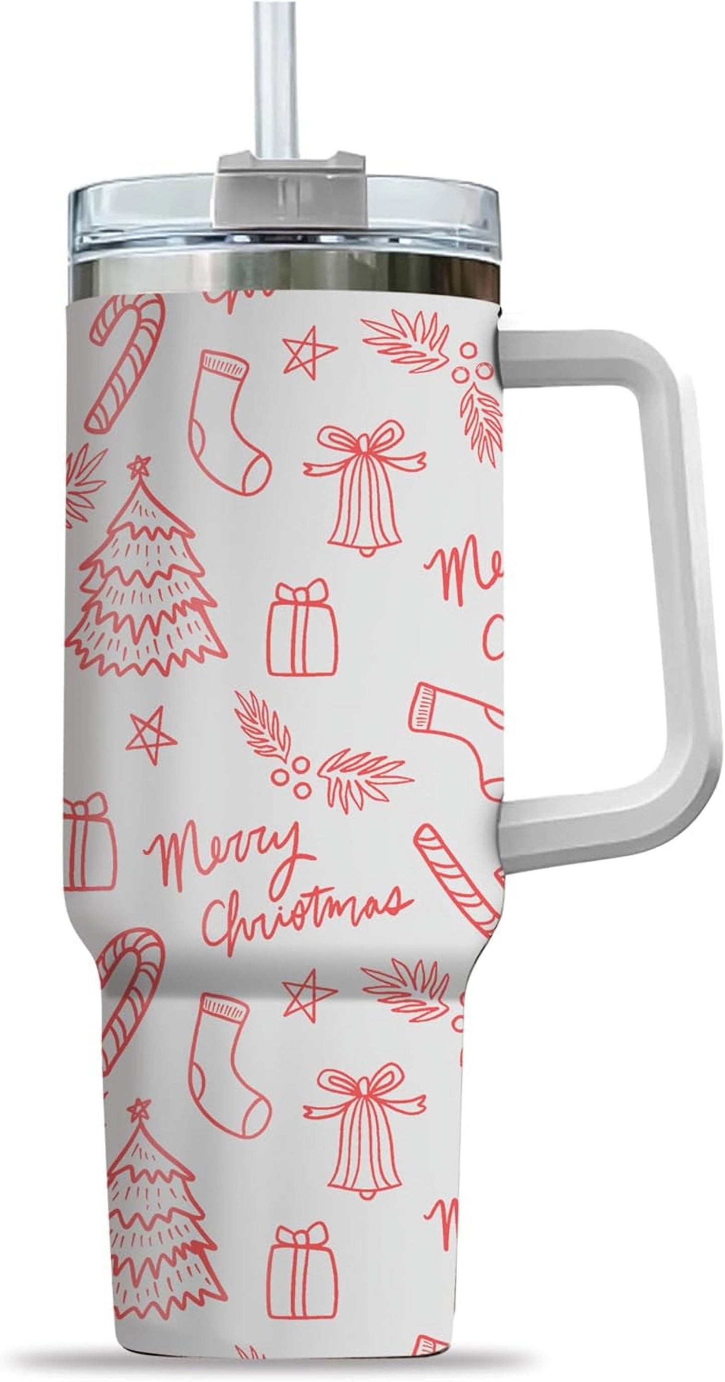 Pink Christmas Tree Cakes Stainless Steel Tumbler 40Oz With Handle Insulated Tumbler Holiday Coffee Travel Mug for Tea, Latte, Hot Chocolate Seasonal Xmas Gifts for Women Men Coworker or Friends