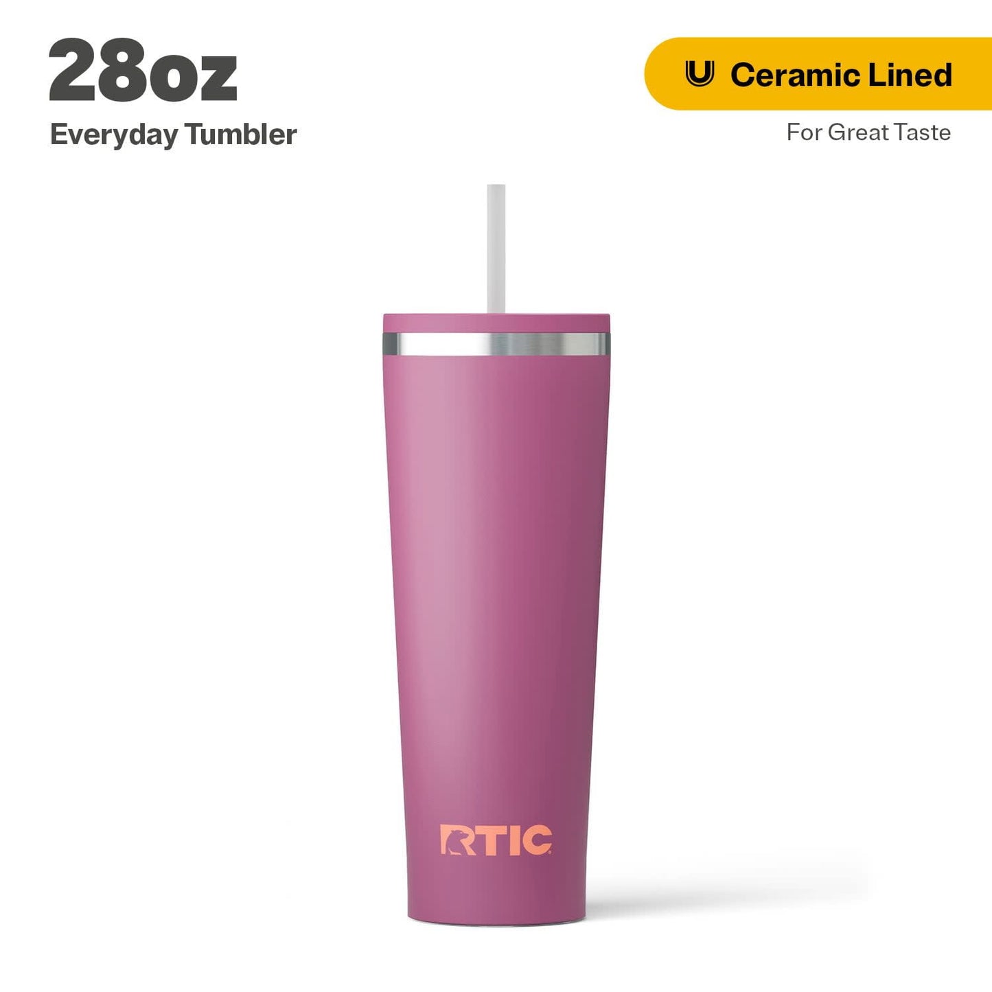 RTIC 28 oz Ceramic Lined Everyday Tumbler, Spill-Resistant Straw Lid, Plum Glitter