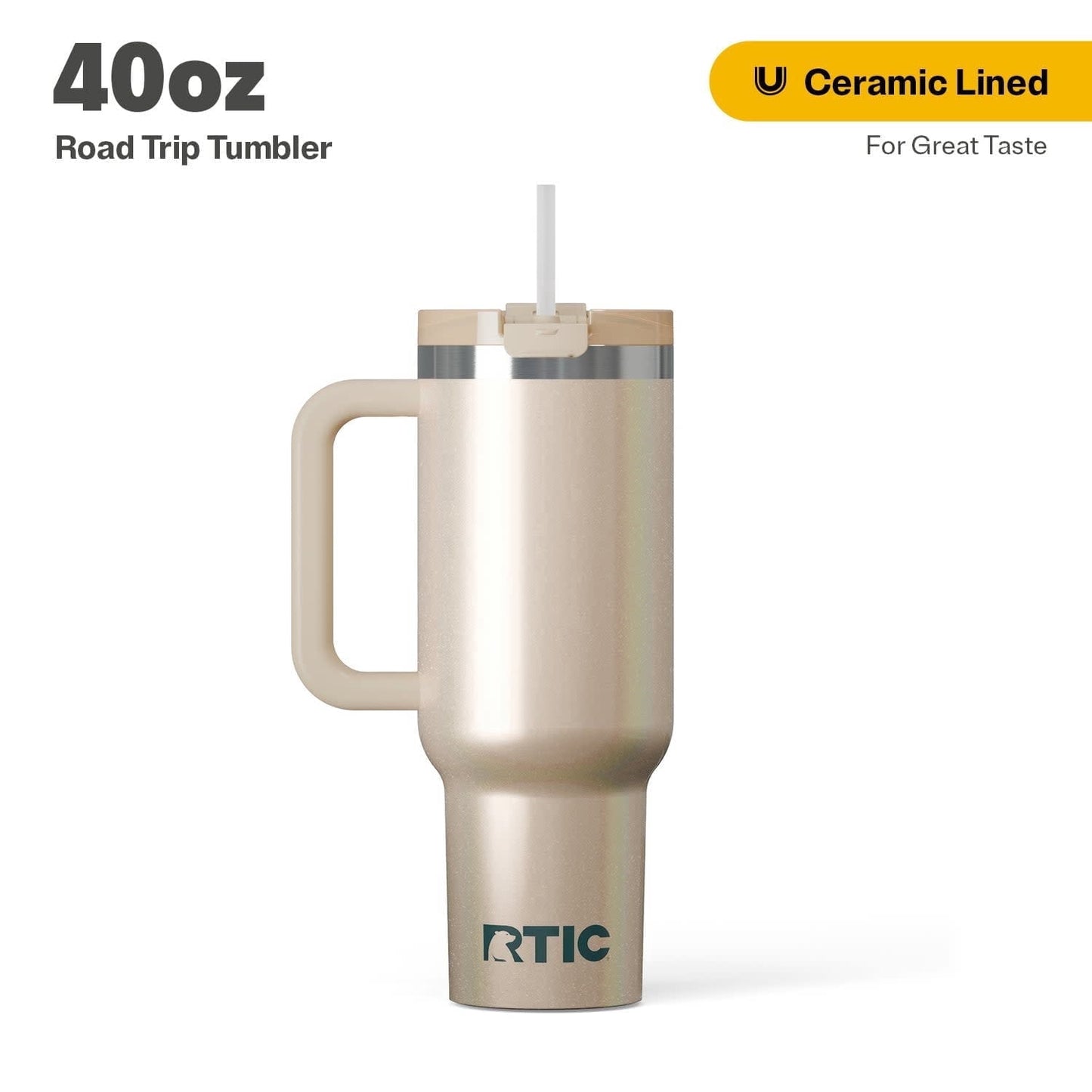 RTIC 40 oz Ceramic Lined Road Trip Tumbler with Handle and Leak-Resistant Straw Lid, White Glitter